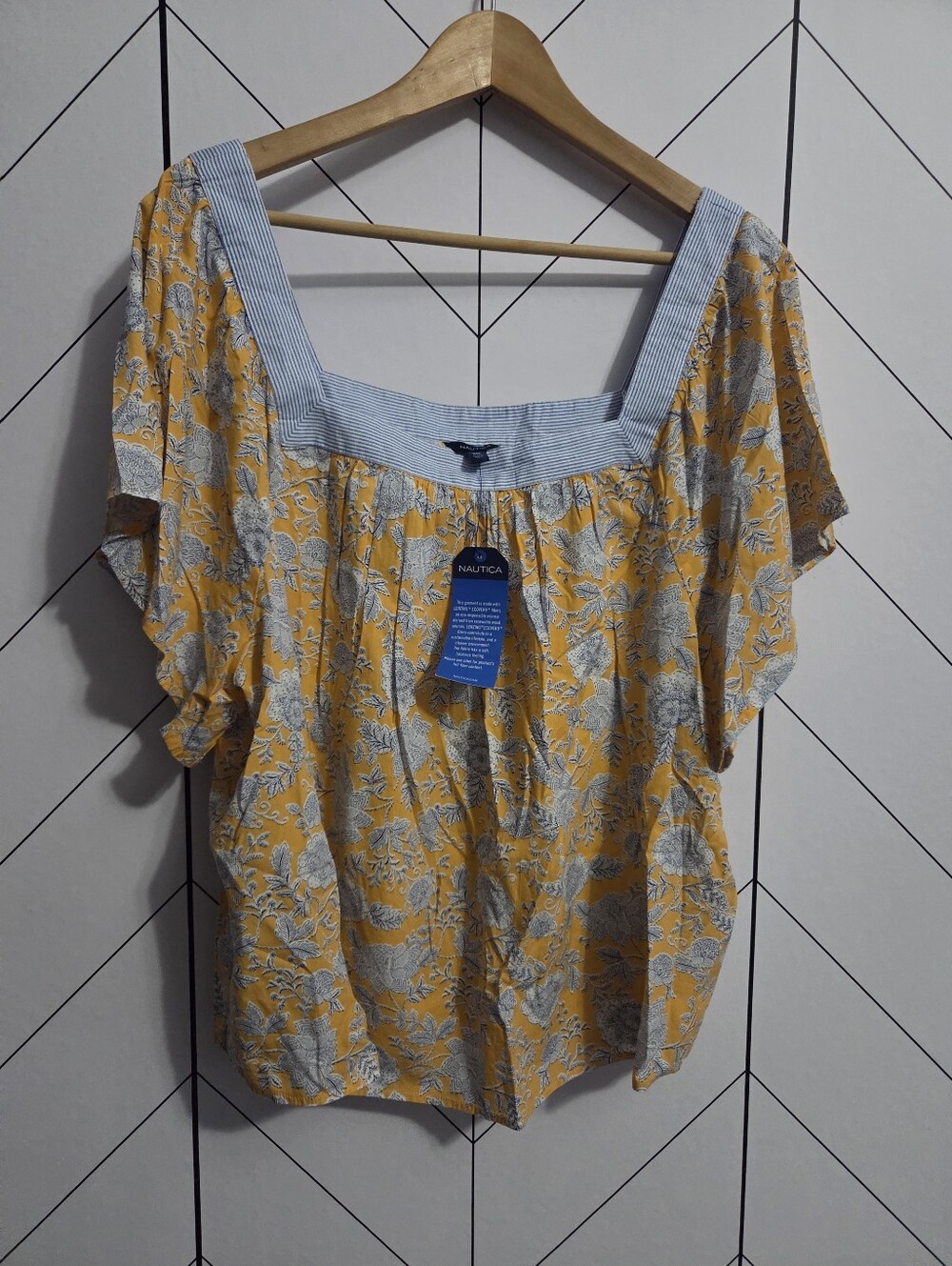 NWT Nautica Square Neck Floral and Stripe Breezy Top Orange Sherbet, Size XXL